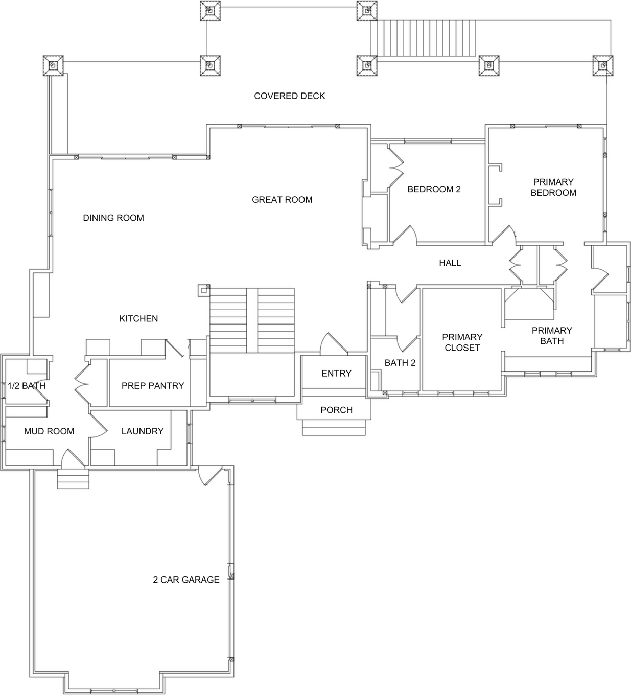 Main floor plan showing all walls, doors, hallways, and room names